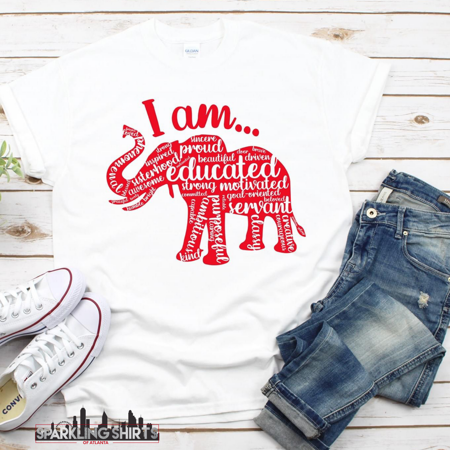 I Am|- Elephant Word Art| Graphic Tee| Crimson and White