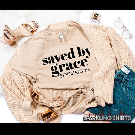Saved By Grace | Short Sleeve Tee | Faith Tee | Religious Tee | Graphic Tee | Amazing Grace Tee | Bible Camp Tee | I Am Saved
